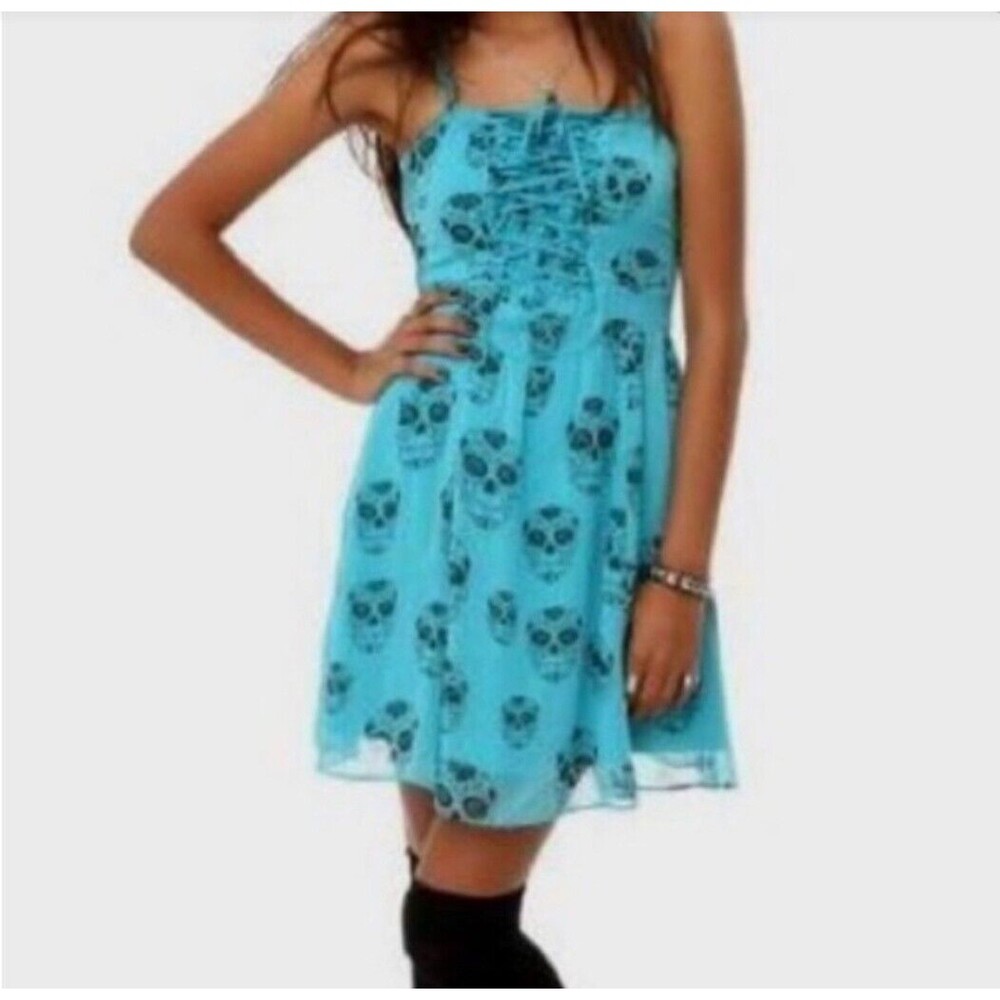 Royal Bones by DAANG Dress Sz L Sugar Skulls Lace up Dress Blue Whimsygoth